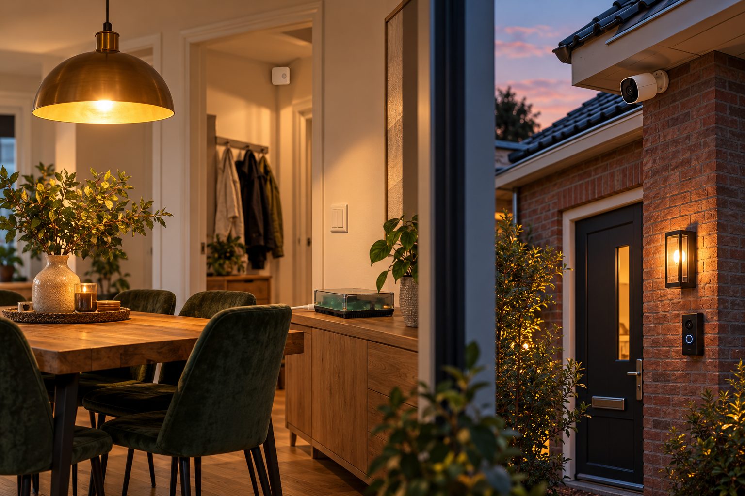 Een eetkamer en een bakstenen voorgevel in de avond, met een messing hanglamp, een bewegingssensor in de gang, een Home Assistant Green op het dressoir en een camera onder de dakgoot